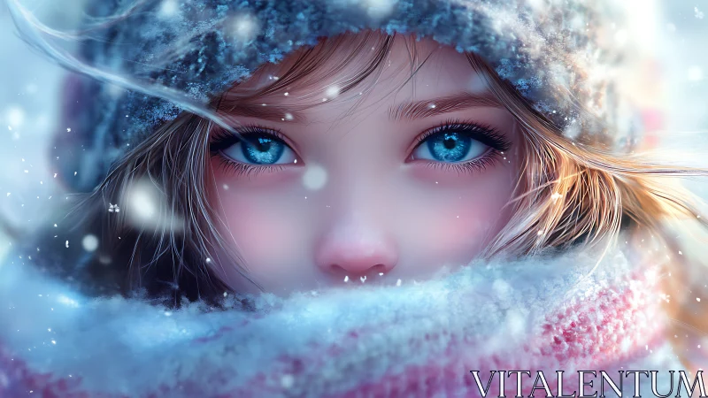 Winter-bright eyes peeking from a swirl of snow and wool.