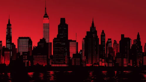 Crimson skyline silhouette with illuminated city high-rises.