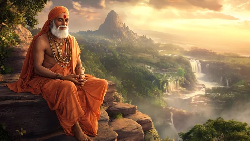 Serene orange-robed sage contemplates at sunrise waterfalls