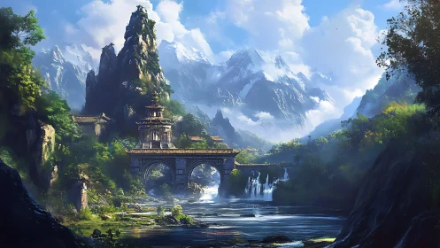 Ancient mountain temple bridge spans river under snowy peaks.