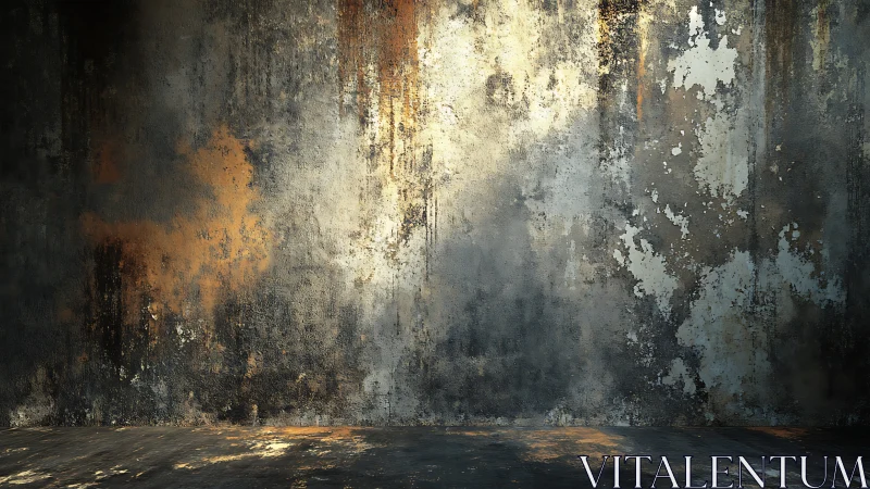 Textured concrete wall with peeling paint in dim interior.