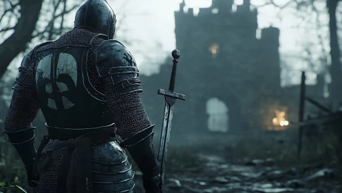 Armored medieval knight on forest path before stone fortress.