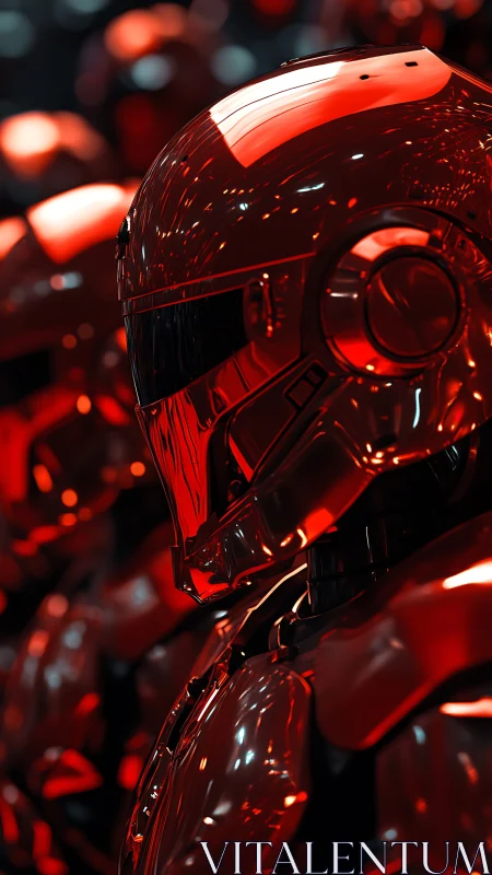 Red chrome armored helmet reflects intense directional lighting