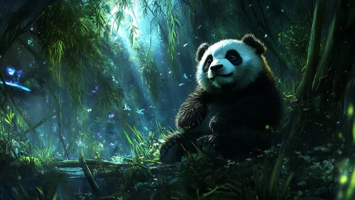 Panda sits in dense, backlit bamboo forest with diffuse light