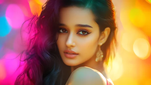 Luminous portrait of woman amid neon bokeh glow.