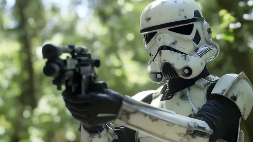 Armored forest sentry with weathered helmet and blaster aim.