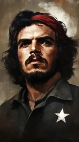 Heroic bust portrait of bearded man with red headband, star badge