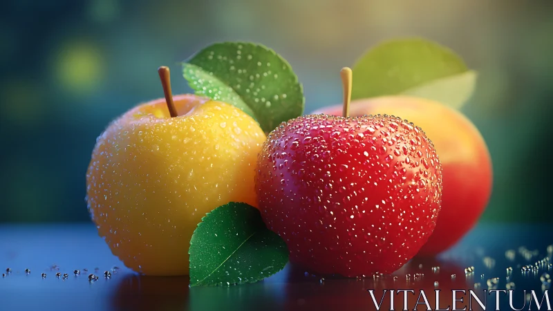 Two dew covered apples rest on reflective blue surface