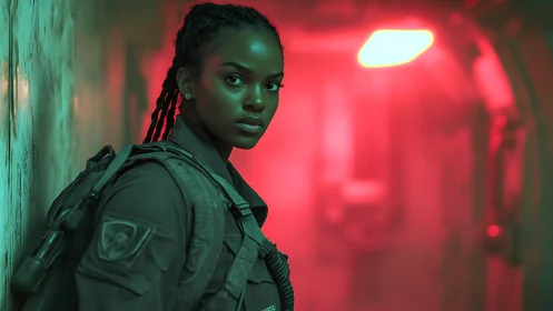 Alert soldier pauses in neon-lit corridor, ready for danger