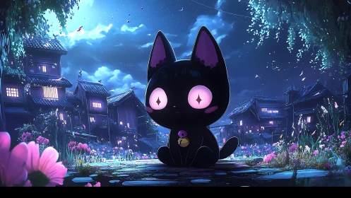 Moonlit village listens while the wide eyed neko keeps watch