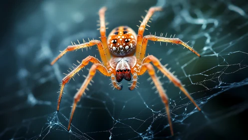 Jewel-backed spider poised on silver web in moody twilight.