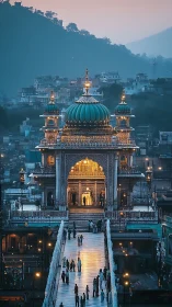 Illuminated domed temple rises over evening hillside cityscape