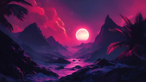 Neon-luminescent alien coastline under synthetic magenta moon.
