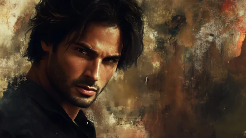 Moody male portrait against textured abstract pigment field.
