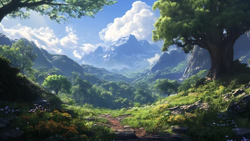 Mountain valley landscape with forest path under daylight.
