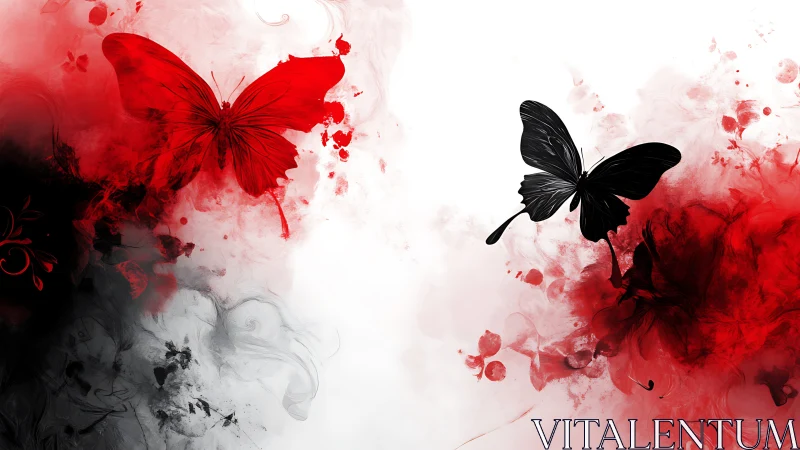 Red and black butterflies against swirling ink clouds.