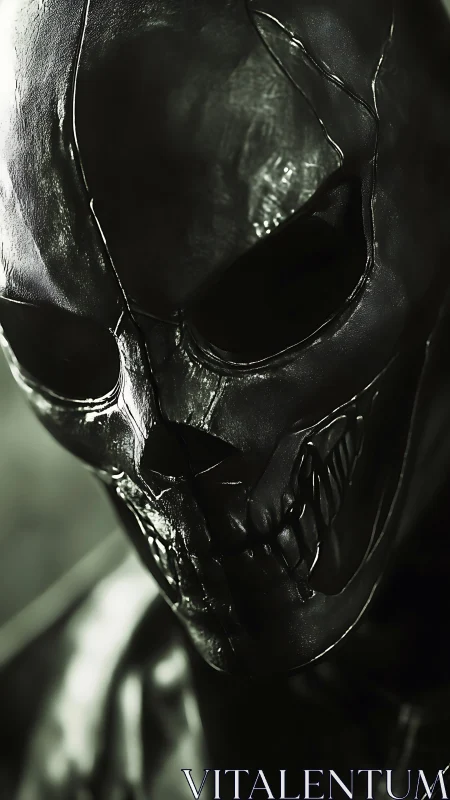 Specular-lit biomechanical skull mask rendered with high contrast