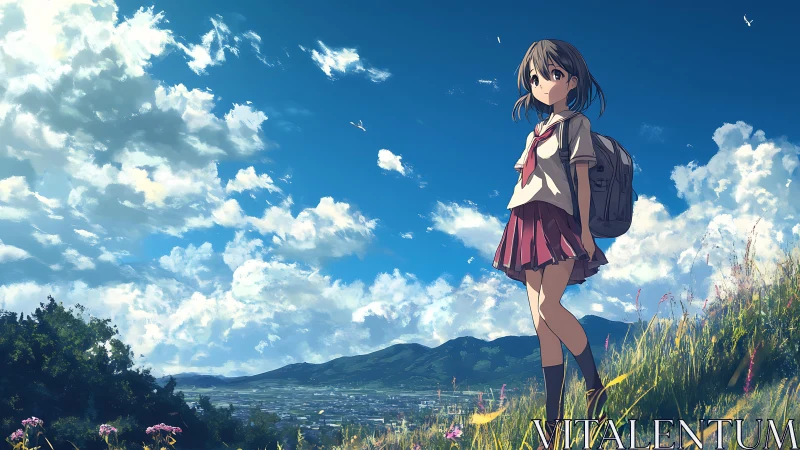 Anime schoolgirl on hillside above town under bright sky.