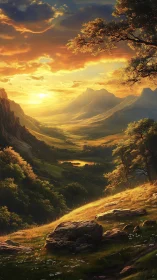 Sunlit mountain valley with layered hills and distant lake.