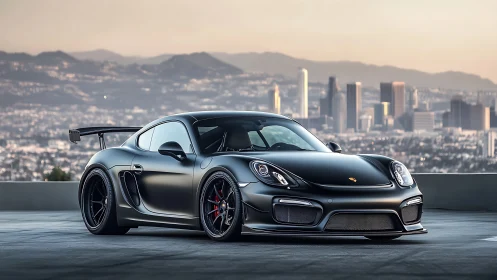 Matte black Porsche sports coupe overlooking city skyline.