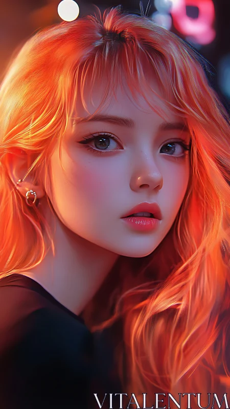 Neon ember-haired girl gazes through cinematic city glow.