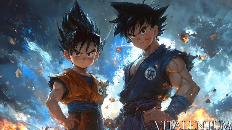 Fiery anime warriors stand amid swirling blue-orange storm.