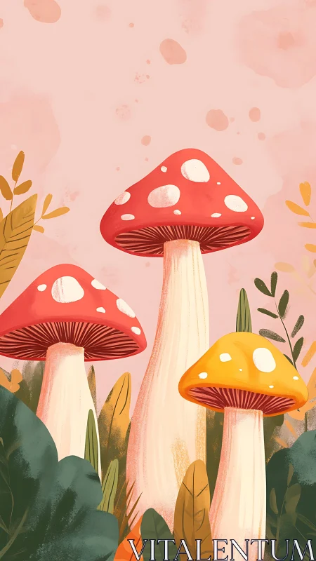 Whimsical forest toadstools posing under a blushing sky.