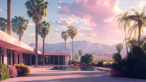 Palm Springs modernist villa in pastel sunset lightscape.