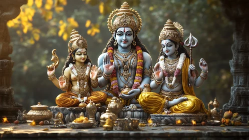 Divine Hindu family statues sit on stone altar with offerings