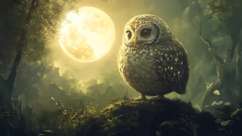 Whimsical owl in moonlit forest, fantasy digital art scene.