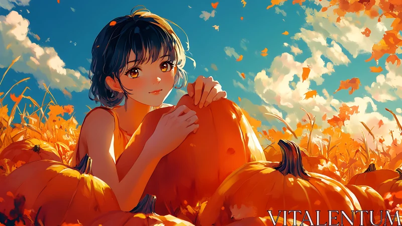 Sunlit pumpkin field daydream with a gentle autumn gaze.