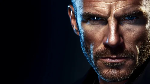 Intense closeup of rugged blue eyed man in shadowed light.