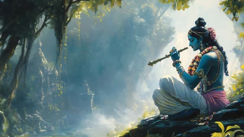 Blue-skinned figure with flute in misty forest landscape.