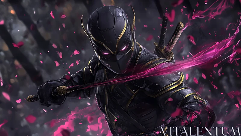 Armored masked swordsman with glowing blade in petals.
