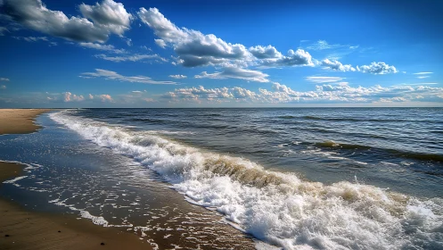 Rolling waves wash a tranquil sandy shoreline under clouds.