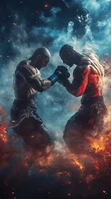 Boxing Match: Two Fighters Engaged in Combat Amid Explosive Energy.