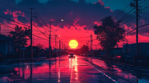 Neon sunset rivering through rain-slicked suburban street.