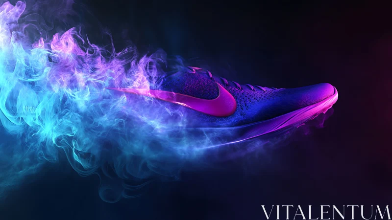 Neon running shoe with vapor trail on dark gradient background.
