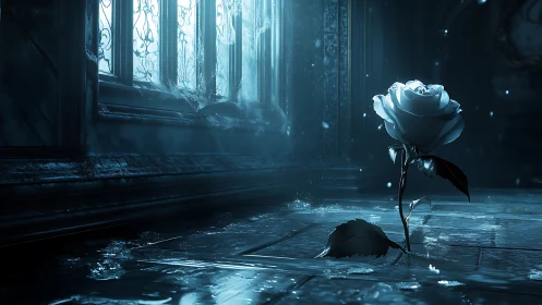 Frozen white rose glows under cold light in ruined hall