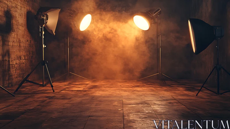 Warm studio lights glow softly in an empty rustic room
