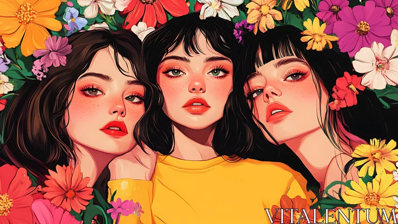 Three stylized women surrounded by colorful summer flowers.