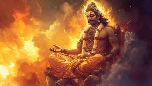 Seated deity figure in flames with orange drapery and garlands.