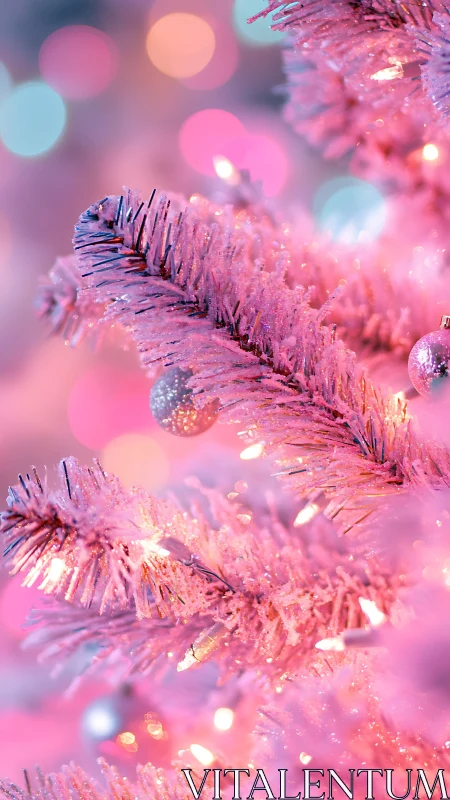 Dreamy pink Christmas tree glowing with cozy holiday light.