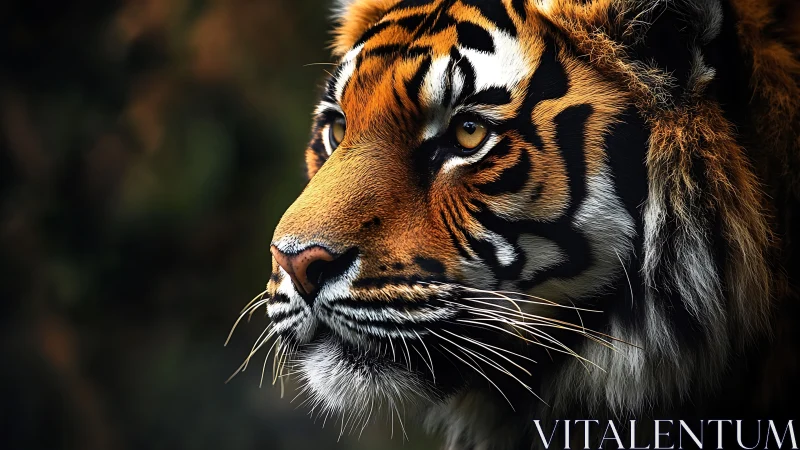 High-contrast profile portrait of Bengal tiger in side lighting