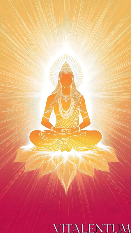 Radiant meditative figure glows above luminous lotus bloom
