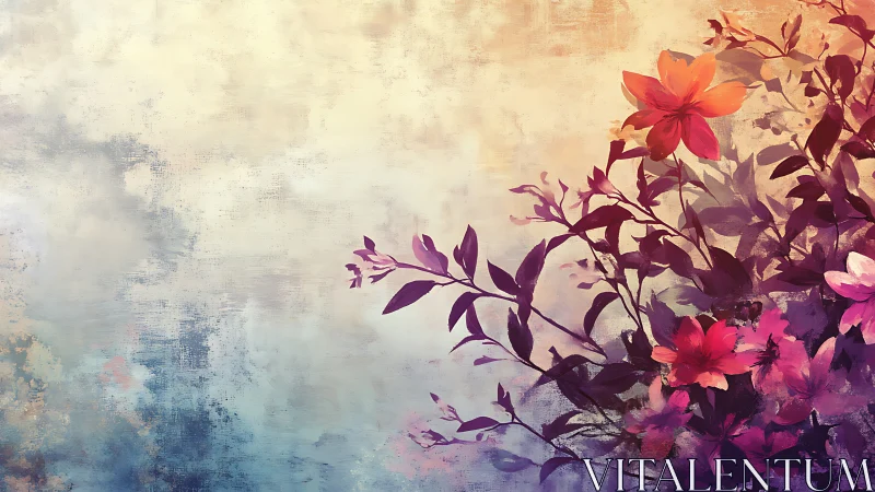 Botanical Digital Composition: Gradient Foliage with Layered Floral Depth.