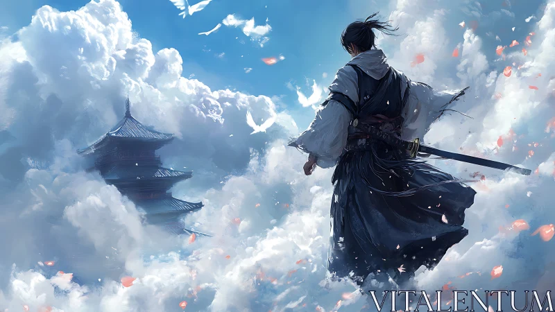 Samurai figure above clouds near distant tiered pagoda.