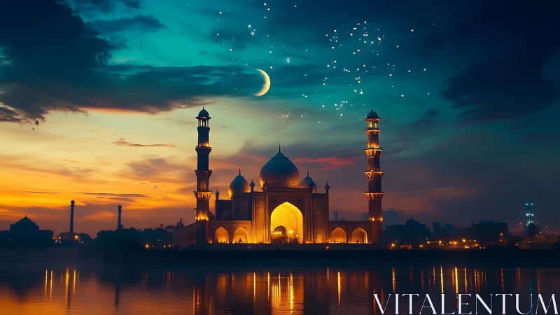 Moonlit riverside mosque glows under deep twilight sky.