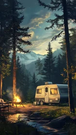 Cozy camper rests by a glowing campfire in tranquil pine valley