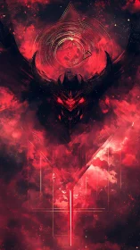 Infernal vector sigil framing horned void-entity in red nebula.